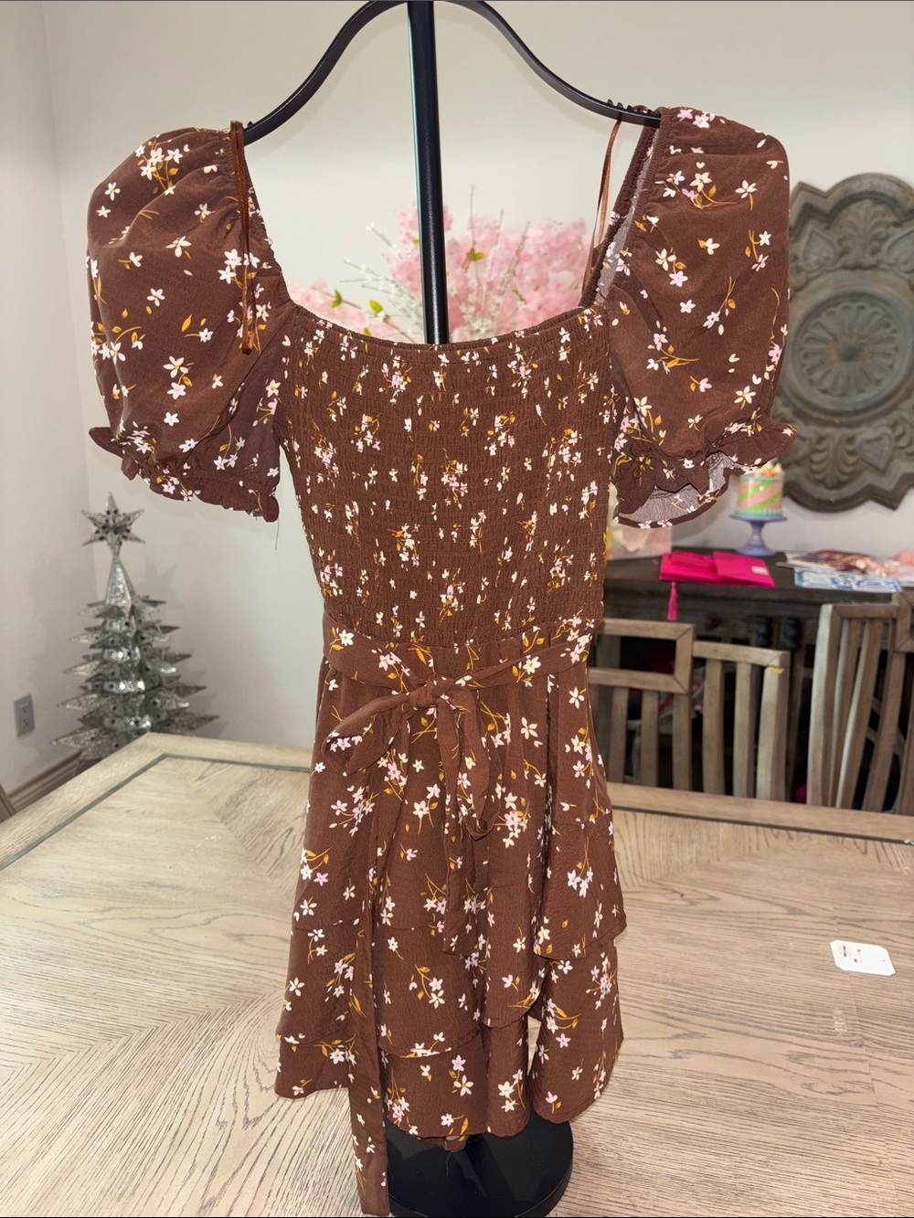 Brown Floral Smocked Puff Sleeve Dress